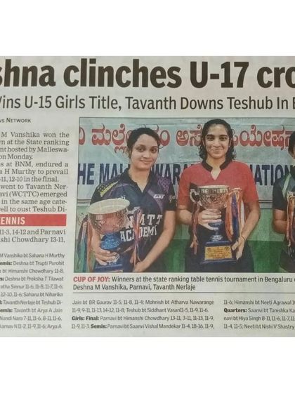 Our players' achievements featured in the news. This press clipping highlights the U-17 and U-15 titles won by our paddlers, showcasing their dominance in the state ranking tournament.