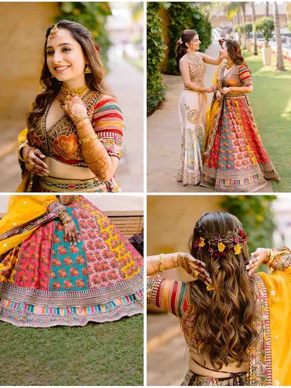 A collage of the bride's vibrant, multi-colored Mehendi lehenga, showcasing the beautiful details of her outfit and her joyful moments.