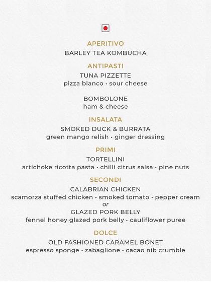 The non-vegetarian menu for 'An Italian Affair', highlighting indulgent options like Tuna Pizzette, Smoked Duck & Burrata, and Glazed Pork Belly.