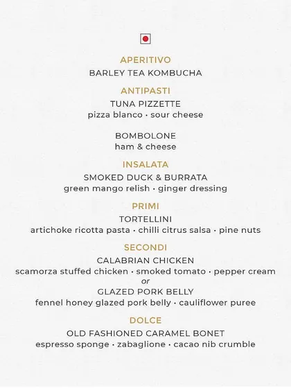 The non-vegetarian menu for 'An Italian Affair', highlighting indulgent options like Tuna Pizzette, Smoked Duck & Burrata, and Glazed Pork Belly.