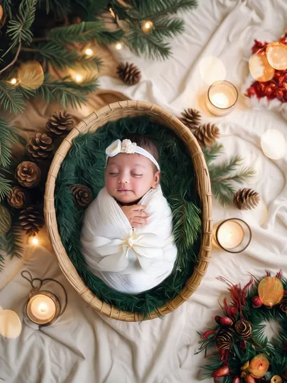 The most precious Christmas gift. This festive setup features a baby nestled in a basket of pine, surrounded by warm lights and pinecones for a magical holiday portrait.
