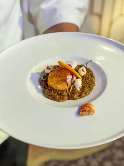 A study in texture and height. This dish features a perfectly cooked protein resting on a bed of flavourful grains, garnished with delicate vegetable crisps.