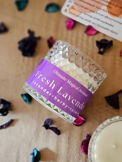 My 'Fresh Lavender' candle from the Crystal Sparkle collection. The calming, herby scent of lavender is perfect for relaxation, and the jar is a beautiful addition to any decor.