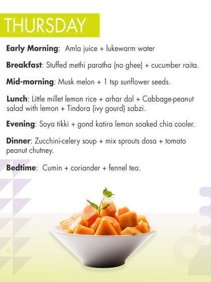 Thursday's summer diet includes cooling amla juice and a hydrating musk melon snack. The meals are designed to be light yet filling, with options like little millet lemon rice and a mix sprouts dosa.