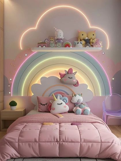 This child's bed features a rainbow and unicorn headboard with multi-colored LED lighting. A floating shelf above the bed provides space for toys and treasures.