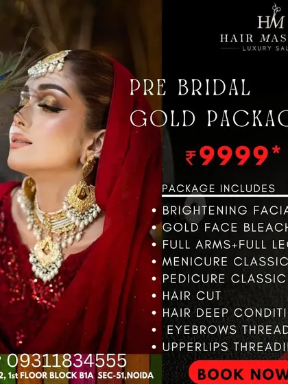 My Pre-Bridal Gold Package is designed to give you radiant skin for your big day. This comprehensive package includes key treatments like a Brightening Facial for that instant glow and a Gold Face Bleach to even out skin tone, ensuring you look and feel your absolute best.