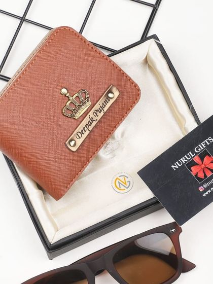 A personalized tan wallet with a crown charm, a versatile gift for any man.