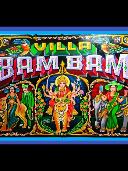The full "Villa Bam Bam" painting with a blue border.