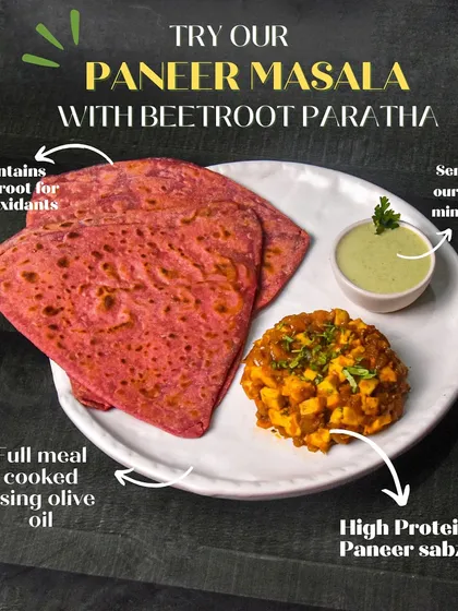 Here's a closer look at my Paneer Masala with Beetroot Paratha. The paratha is made with whole wheat and antioxidant rich beetroot, and the high protein paneer sabzi is cooked in minimal olive oil.