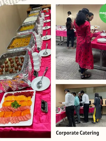 A collage from a recent corporate catering event, showing our extensive buffet spread with fresh fruit platters, hot dishes like gulab jamun, and employees enjoying their meal.