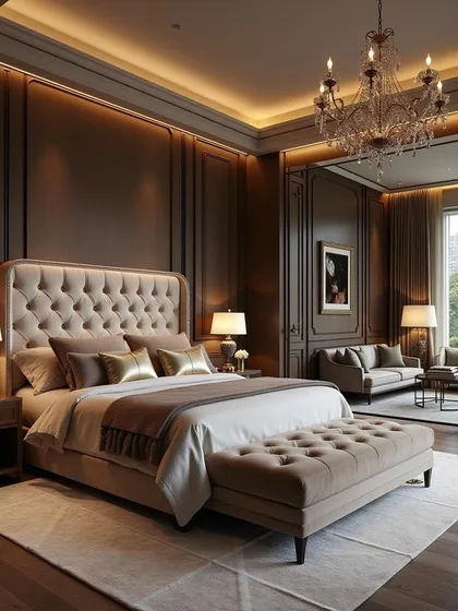 A neoclassical bedroom designed to be both regal and inviting. The tufted headboard, elegant moldings, and crystal chandelier create a sense of timeless luxury.