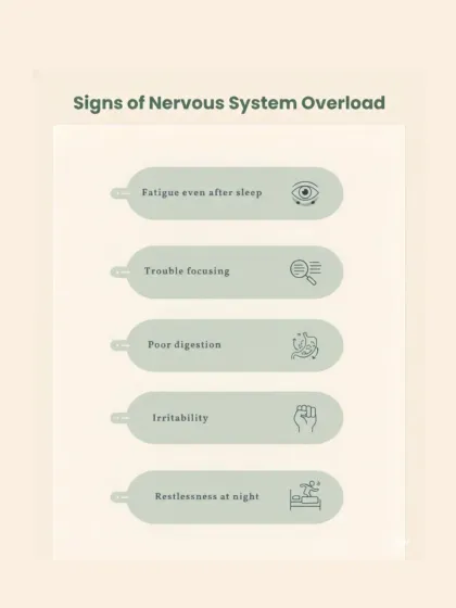 This graphic lists the common signs of nervous system overload, such as fatigue, poor digestion, and irritability. My treatments are designed to regulate and calm the nervous system, which is the foundation for healing almost all chronic ailments.