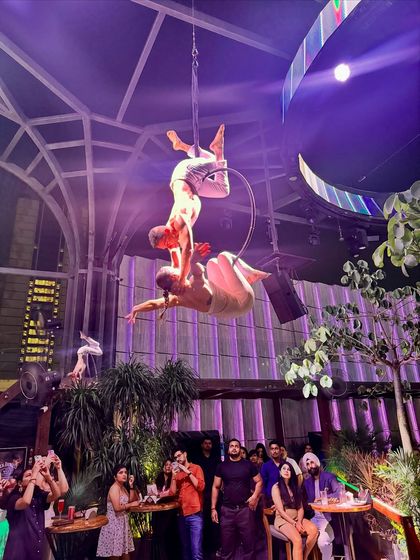 This pose shows the strength and control required for duo aerial work. We are constantly supporting and counter-balancing each other to create a seamless performance.