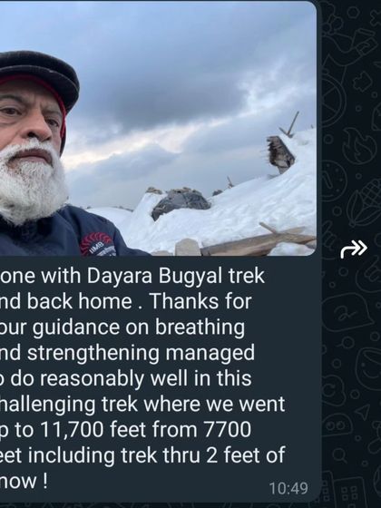 Another screenshot of the testimonial from my student who completed the Dayara Bugyal trek. His words are a powerful reminder of how yoga builds practical strength and endurance for real-life challenges.