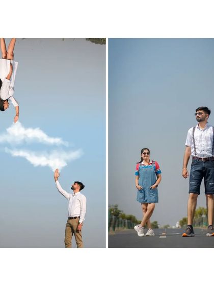 A diptych showcasing creative and playful photography, including a surreal upside-down shot and a fun forced-perspective portrait.