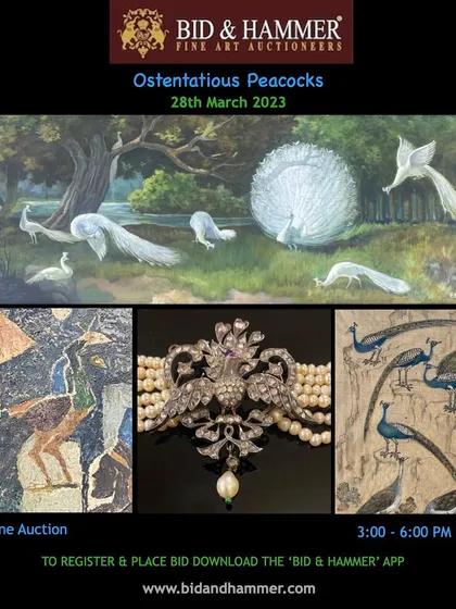 A promotional image for the 'Ostentatious Peacocks' auction, highlighting some of the key lots. This sale included works by M.F. Husain, exquisite royal jewellery, and paintings by bird specialist F.M. Soofi.