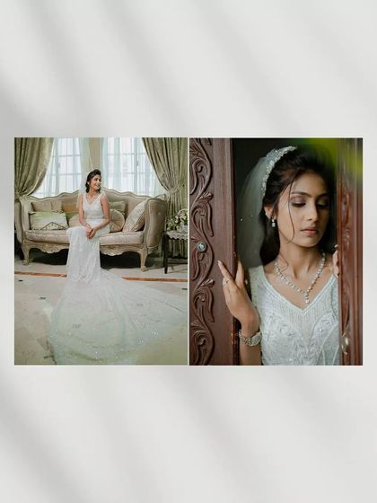 A diptych of the bride in her elegant white wedding gown, showing both a full-length portrait and a quiet, contemplative close-up.