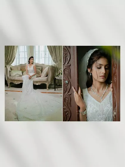 A diptych of the bride in her elegant white wedding gown, showing a full-length portrait and a contemplative close-up.