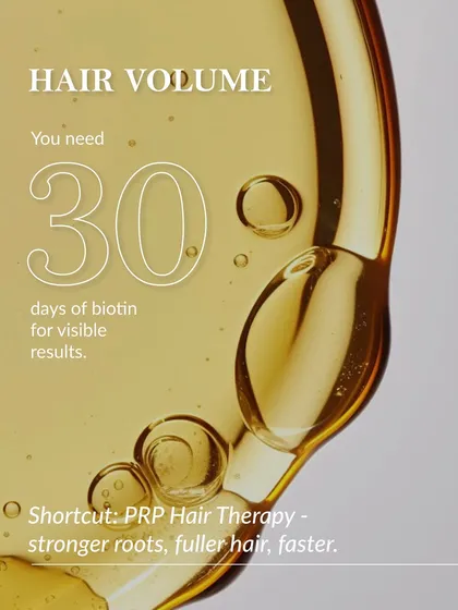 While biotin supplements can take time, our PRP Hair Therapy offers a more direct path to visible results. By using your body's own growth factors, we can help you achieve stronger roots and fuller hair, faster than with supplements alone.