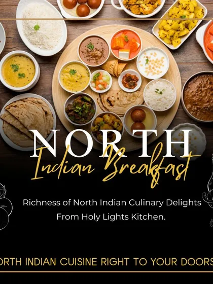 Explore the rich and diverse flavors of our North Indian breakfast menu. This spread features a selection of our finest curries, breads, and rice dishes, perfect for a hearty morning meal delivered right to your doorstep.