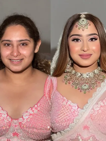 A beautiful pastel pink bridal look. This before-and-after shows how soft glam can create a stunning transformation while still looking natural and fresh.