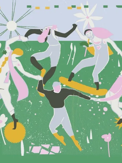An illustration capturing the spirit of 'Z Futures.' The image of diverse individuals dancing together in a field represents the generation's embrace of inclusivity, activism, and collective joy.