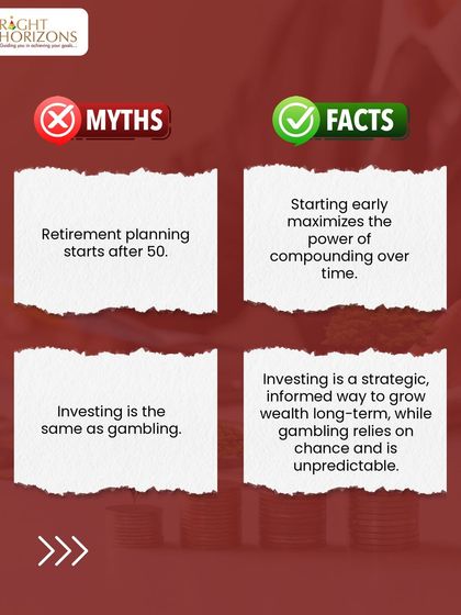 We tackle two more pervasive myths in this slide. We explain that retirement planning should start long before age 50 to harness compounding, and we differentiate strategic investing from the chance-based nature of gambling.