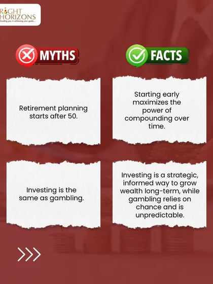 This slide continues our myth-busting series, addressing the ideas that retirement planning starts after 50 and that investing is the same as gambling. We counter with facts about the power of compounding and the strategic nature of investing.