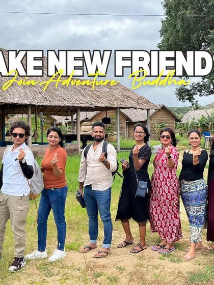 A graphic inviting you to make new friends with us. This photo from our Hampi trip shows a group of travelers who did just that.