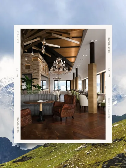 A stylized image of the lounge rendering for ITC Narkanda, framed against a mountain backdrop. This highlights the design's connection to its location, blending interior comfort with the spirit of the Himalayas.