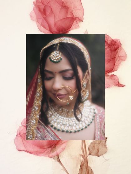An artistic, dreamy portrait of a bride, framed by a soft floral graphic, her expression serene and content.