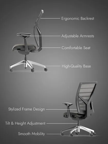 I design office chairs with your well-being in mind. This graphic shows the key ergonomic features, from the supportive backrest and adjustable components to the smooth mobility, all engineered to provide comfort throughout your workday.