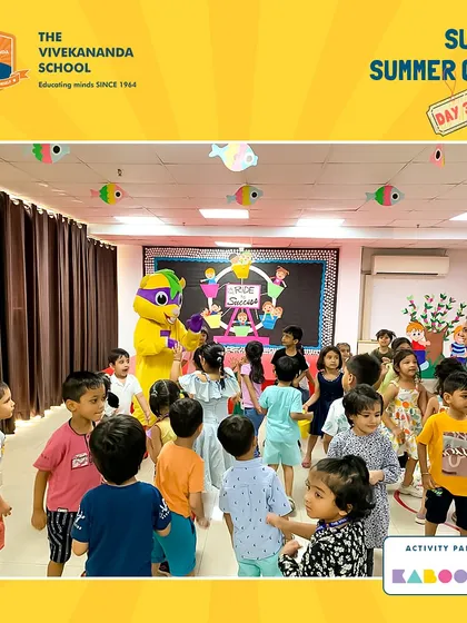 A group of curious campers gathers around Super K. We can bring our entertainment services to schools, community centers, and private events.