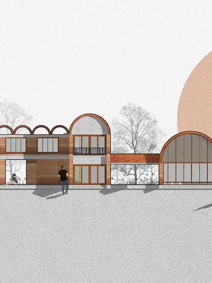 An alternative concept for the Bidadi farmhouse, using vaulted roofs and arches for a different architectural expression.