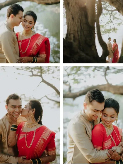 A collection of four moments from the same shoot, showing different interactions. It includes a sweet kiss on the cheek, a loving embrace, and a wider shot that sets the scene, giving a complete story of their connection.