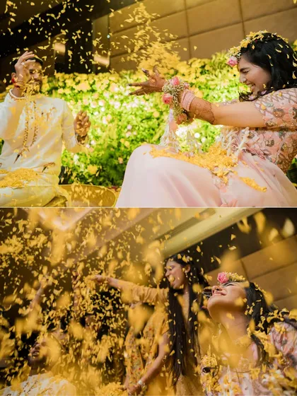 A flower fight in full swing! These shots capture the playful energy and joy of a Haldi ceremony, where everyone gets to be a kid again.