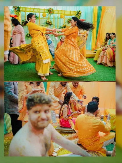 Action and fun are central to our Haldi coverage. This collage shows guests dancing and the aftermath of a very enthusiastic Haldi application, capturing the day's playful chaos.