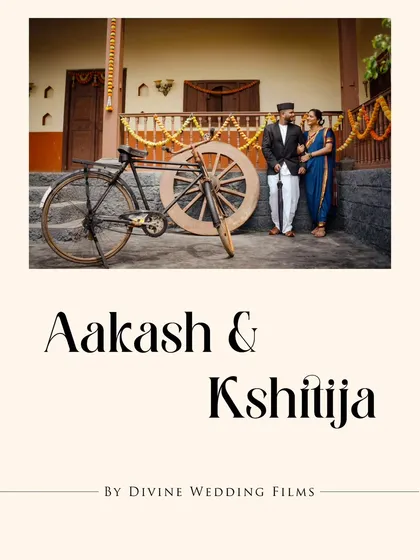 A beautifully composed shot of the couple in a traditional Marathi setting, with a vintage bicycle adding a rustic charm. This is a great example of a themed pre-wedding shoot.