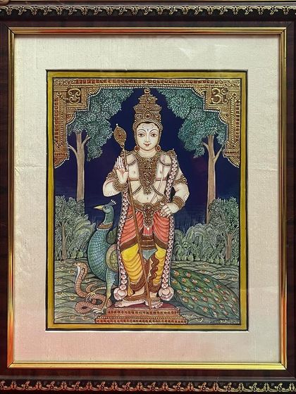 A stunning painting of Lord Murugan with his majestic peacock. As a symbol of divine strength and beauty, this artwork brings serenity and power to any space.