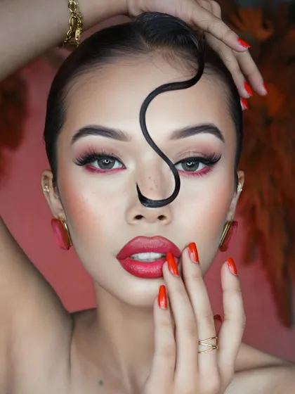 Makeup is an art, and we love to play with colors. This look features a sharp crimson waterline and sculpted, glowing skin, creating a bold and unforgettable statement perfect for high fashion shoots or a glamorous cocktail night.