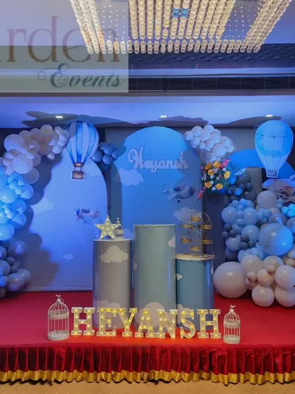 A grand stage setup for a hot air balloon theme in a banquet hall, using multiple backdrops and extensive balloon work.