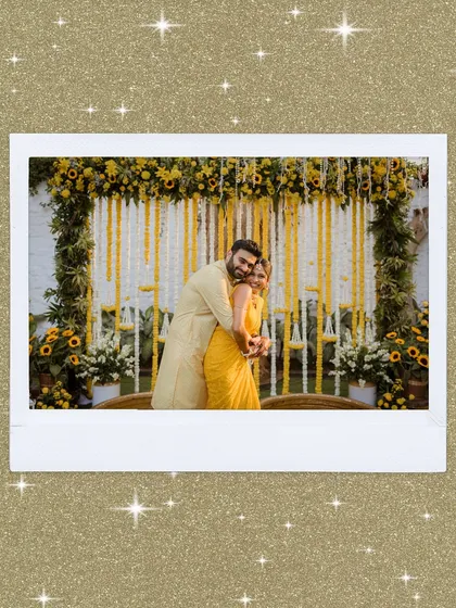 A polaroid-style shot of the happy couple against our sunflower and marigold Haldi backdrop. This decor is all about celebrating love with brightness and warmth.