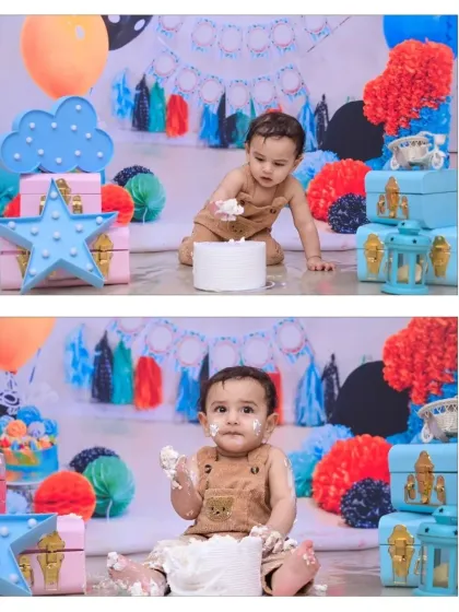 This collage shows the progression of a cake smash, from the initial tentative touch to getting delightfully messy. It’s a story of first-time cake exploration.