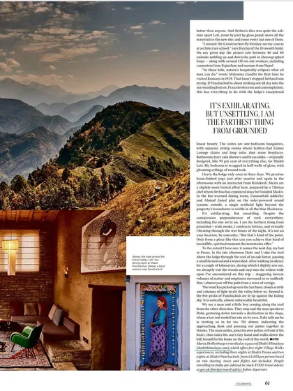 A magazine spread showing the interplay between the cozy interiors and the vast mountain landscape. The design uses natural textures and warm lighting to create a sense of refuge, while always keeping the stunning Himalayan view as the central focus.