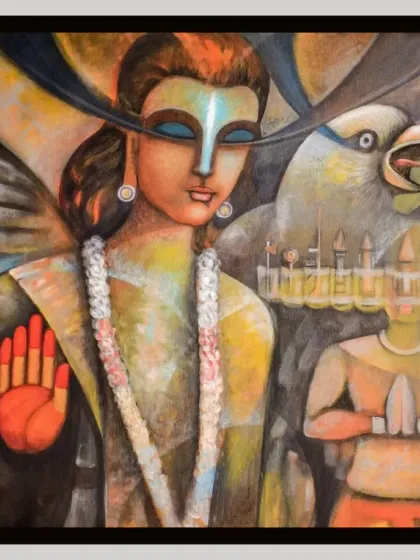 A powerful acrylic on canvas painting for Ram Navami, depicting Lord Rama with Ravana and Jatayu.