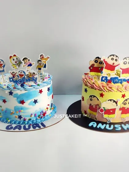 A duo of simple yet popular cartoon cakes. This image shows both a Doraemon and a Shinchan themed cake, highlighting my ability to create different character designs for parties.