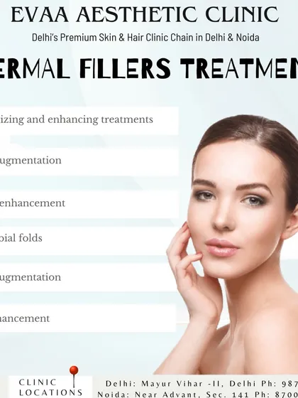 This graphic lists the various dermal filler treatments we offer. Our services include cheek and chin augmentation, lip enhancement, and correction of nasolabial folds for complete facial rejuvenation.