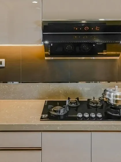 A countertop view of the acrylic parallel kitchen, showing the seamless finish and ample workspace.