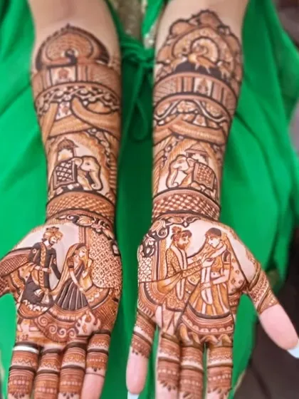 A beautiful depiction of the wedding ceremony itself. This design shows the varmala (garland exchange) and the pheras (walking around the sacred fire), capturing the most important moments of the day.