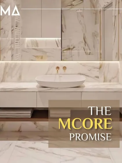 This is the M-Core promise in action. A bright, elegant bathroom featuring a floating vanity with a stunning marble finish. It delivers a high-end look while being 100% moisture-proof and bacteria-proof, ensuring it stays beautiful for years.